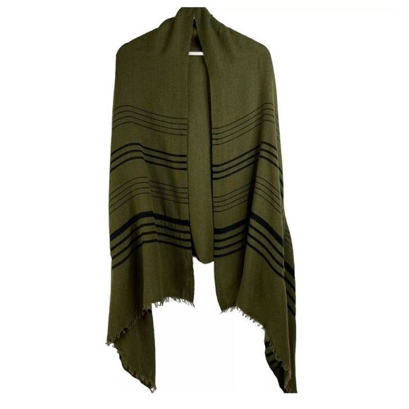 J. Crew Summerweight Cape Scarf Wrap Green Black Stripe Fringe Trim one size NWT - Picture 4 of 6